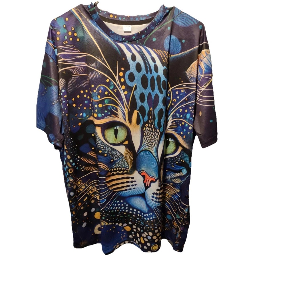 Unbranded Cosmic Cat Face All Over Print Shirt Blue XXL‎ Psychedelic Graphic Tee